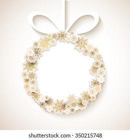 Gold snowflakes, winter background, place for text. Cute Merry Christmas card