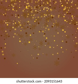 Gold Snowstorm Vector Brown Background. Luminous Minimal Snowflake Postcard. Subtle Flake Pattern. Elegant Snowfall Design.