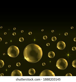 Gold soap bubbles. Isolated on dark background. Vector illustration.