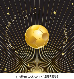 Gold soccer ball on black background with gold light rays. Football goal success winner abstract background elegant sign. Vector template