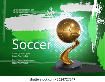 Gold soccer trophy poster. Tournament championship Football winner cup, soccer award banner template, realistic golden award on a green stadium background