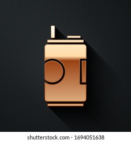 Gold Soda can icon isolated on black background. Long shadow style. Vector Illustration