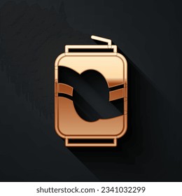 Gold Soda can icon isolated on black background. Long shadow style. Vector