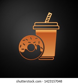 Gold Soda drink with drinking straw and donut icon isolated on black background. Fast food symbol. Vector Illustration