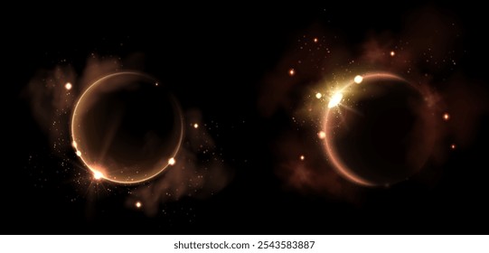 Gold solar eclipse light effect. Moon flare ring glow. Total lunar aureole for horizon galaxy background. Golden led crescent halo with bright sparkle for shiny astrology design. Abstract globe aura