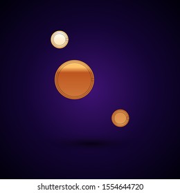 Gold Solar system icon isolated on dark blue background. The planets revolve around the star.  Vector Illustration