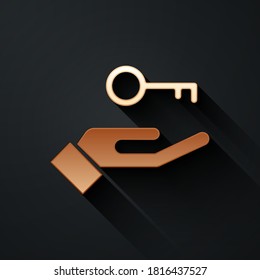 Gold Solution to the problem in psychology icon isolated on black background. Key. Therapy for mental health. Long shadow style. Vector