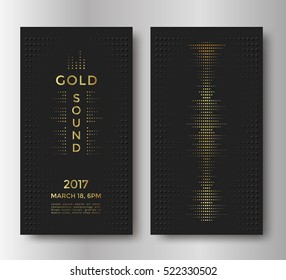 Gold sound flyer or card design with golden equalizer and text. Luxury music background. Vector template