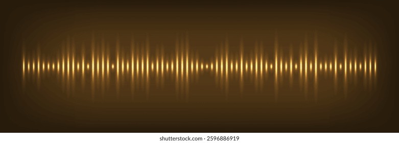 Gold sound wave with glowing light effect. Golden noise pulses curve line isolated on black. Music audio frequency, voice waveform, electronic radio signal, volume level. Abstract vector background.