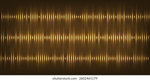 Gold sound waves with glowing light effect. Golden noise pulses curve lines isolated on black. Music audio frequency, voice waveform, electronic radio signal, volume level. Abstract vector set.