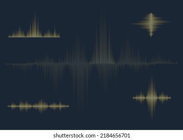 Gold Sounds waves set on dark background. Golden lines equalizer. Musical waveform. Vector