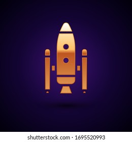 Gold Space shuttle and rockets icon isolated on black background.  Vector Illustration