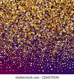 Gold Space Vector Purple Background. Shiny Twinkle Glitter Wallpaper. Shine Elegant Border.  Sparkling Celebration Dust Texture.