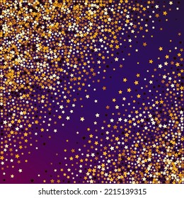 Gold Space Vector Purple Background. Gilded Celebration Rain Border. Starry Falling Banner.  Golden Galaxy Star Illustration.