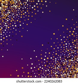 Fondo púrpura del vector de espacio dorado. Borde brillante de galaxia esparcido. Confetti Textura Brillante.  Diseño Starry brillante dorado.