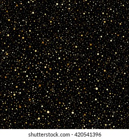 Gold spangles, dots or night sky with shining golden stars vector seamless pattern. Hand drawn spray, splatter, blobs texture. Uneven yellow spots, specks, flecks on black background endless template.