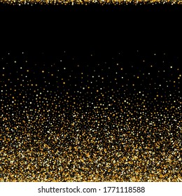 Gold Sparkle Abstract Black Background. Art Confetti Invitation. Golden Dust Light Wallpaper. Polka Shiny Background.