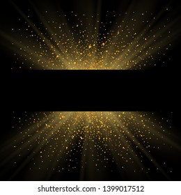 Gold sparkle background, black frame. Golden light glitter confetti texture decoration. Shiny abstract design Christmas holiday, Happy New Year celebration. Glow sund shimmer dust Vector illustration