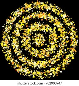 Gold Sparkle Background. Bright Yellow Stars on a Black Background. Modern Fashionable Background. Gold Sparkle Background for Wrapping paper, Postcards, Banners, Prints. Abstraction with Gold Stars.