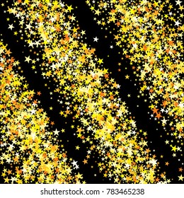 Gold Sparkle Background. Bright Yellow Stars on a Black Background. Modern Fashionable Background. Gold Sparkle Background for Wrapping paper, Postcards, Banners, Prints. Abstraction with Gold Stars.