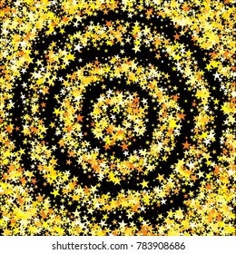 Gold Sparkle Background. Bright Yellow Stars on a Black Background. Modern Fashionable Background. Gold Sparkle Background for Wrapping paper, Postcards, Banners, Prints. Abstraction with Gold Stars.