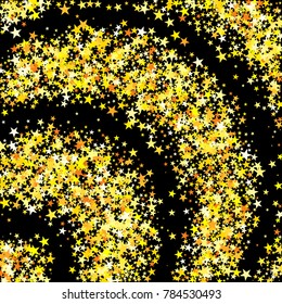 Gold Sparkle Background. Bright Yellow Stars on a Black Background. Modern Fashionable Background. Gold Sparkle Background for Wrapping paper, Postcards, Banners, Prints. Abstraction with Gold Stars.