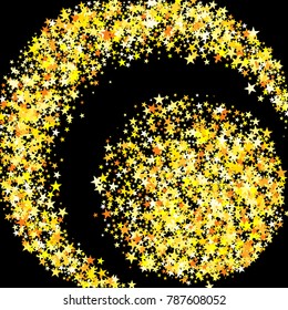Gold Sparkle Background. Bright Yellow Stars on a Black Background. Modern Fashionable Background. Gold Sparkle Background for Wrapping paper, Postcards, Banners, Prints. Abstraction with Gold Stars.