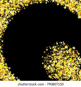 Gold Sparkle Background. Bright Yellow Stars on a Black Background. Modern Fashionable Background. Gold Sparkle Background for Wrapping paper, Postcards, Banners, Prints. Abstraction with Gold Stars.