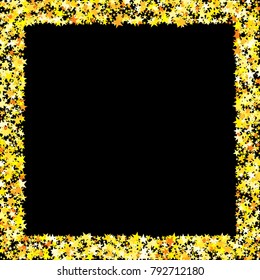Gold Sparkle Background. Bright Yellow Stars on a Black Background. Modern Fashionable Background. Gold Sparkle Background for Wrapping paper, Postcards, Banners, Prints. Abstraction with Gold Stars.