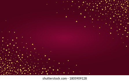 Gold Sparkle Effect Burgundy Background. Happy Splash Texture. Yellow Shards Modern Backdrop. Dust Bridal Pattern.
