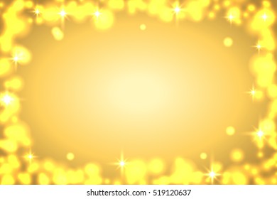Gold sparkle frame abstract background. Light bokeh golden border, glitter. Merry Christmas card, Happy New Year celebration pattern. Holiday, festive, invitation design. Vector illustration