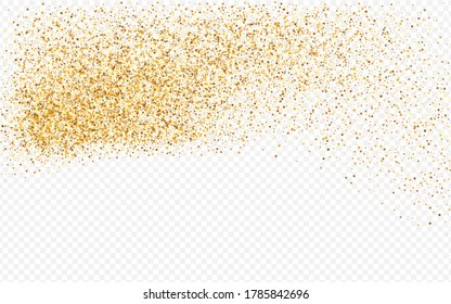 Goldener, helltransparenter Hintergrund. Fallendes Kreismuster. Goldener Staub einzeln auf Design. Runde glamouröse Hintergründe.