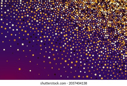 Gold Sparkle Vector Purple Background. Yellow Effect Sky Pattern. Glitter Christmas Wallpaper.  Gilded Twinkle Starry Illustration.