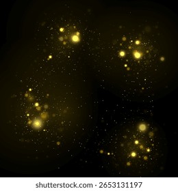 Gold sparkle vector. Shiny glowing background with blur, shimmer and confetti. Light effect overlay with magic particles for celebration, holiday card or decorative christmas design element.

