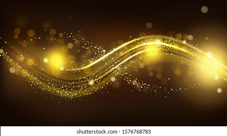 Gold sparkle wave on black blurred background. Shiny glittering glow magic stardust curve track line, design element for festive products or cosmetics advertising. Realistic 3d vector illustration