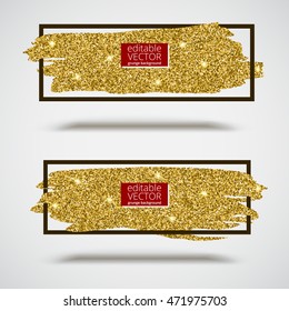 Gold sparkles, glitter background with frame. Set of banners for greeting card, certificate, luxury design and presentation