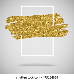 Gold sparkles, glitter background with frame for greeting card, certificate, luxury design and presentation