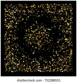Gold Sparkles, Glitter, Golden Bokeh Lights. Vector Festive Confetti. Celebration Christmas New Year Background. Rich VIP Premium Gold Sparkles. Shining Texture, Golden Bokeh Lights. Festive Border.