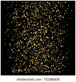 Gold Sparkles, Glitter, Golden Bokeh Lights. Vector Festive Confetti. Celebration Christmas New Year Background. Rich VIP Premium Gold Sparkles. Shining Texture, Golden Bokeh Lights. Festive Border.