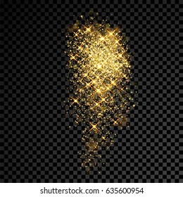 Gold sparkles and glittering powder spray. Sparkling glitter particles explosion on vector black transparent background. Golden star light shining or luxury fireworks and confetti outburst