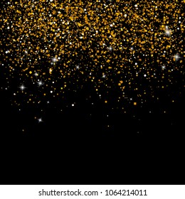 Gold sparkles on black background.  Luxury golden shiny abstract texture. Vector illustration, EPS 10.