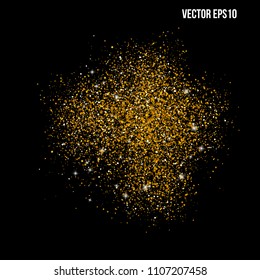 Gold sparkles on black background. Gold glitter background. Golden backdrop for Great for christmas, vip and birthday cards, wedding invitation, party posters and flyers. Vector illustration