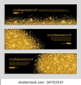 Gold sparkles on black background, banners. Golden banner. Gold club banner with text. Banners, logo, web,  card, vip, exclusive, gift, luxury, privilege, voucher, store, present, sale. Golden foil