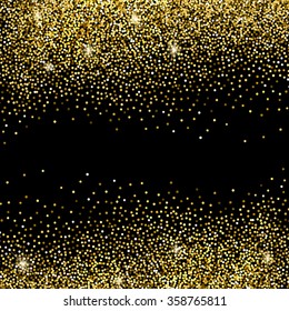 Gold sparkles on black background. Gold glitter background. 