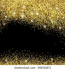 Gold sparkles on black background. Gold glitter background. 
