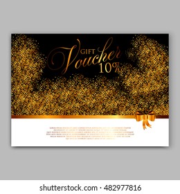 Gold sparkles on black backround, banners. Gold banner. Gold background text. Banners logo, web, card, vip, exclusive, certificate, gift, luxury, privilege, voucher, store, present, shopping, sale.