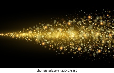 Espumas de oro sobre fondo abstracto oscuro, corriente de polvo dorado, elemento de diseño