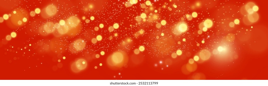 Gold sparkles on a red background. Glare sparks flying from above. Vector illustration.