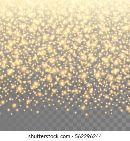 Gold sparkles on the transparent background. Vector light effect.