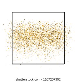 Gold sparkles on white background in frame. Gold glitter background. Golden backdrop for Great for christmas, vip and birthday cards, wedding invitation, party posters and flyers.